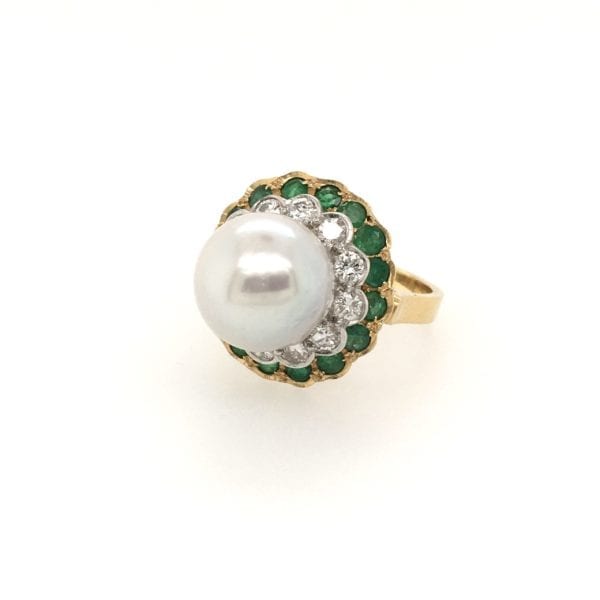South Sea Pearl Emerald Diamond Ring