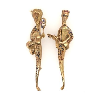 Pair Asian Court Figure Brooches