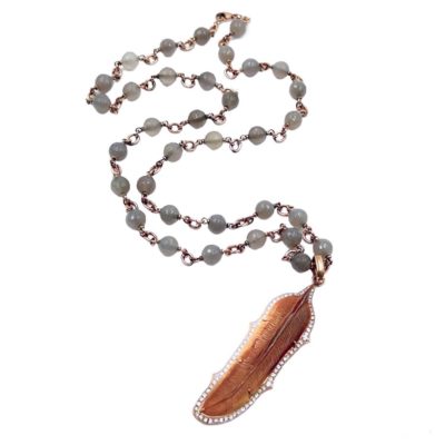 Chalcedony Bead Feather Pendant Necklace