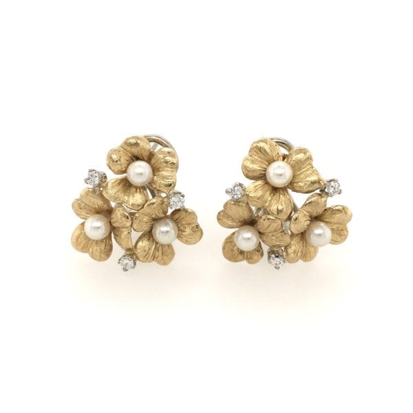 Pearl Diamond Floral Cluster Earrings