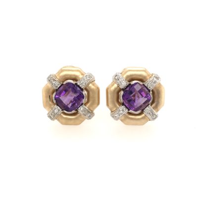 Octagon Amethyst Diamond Gold Earrings