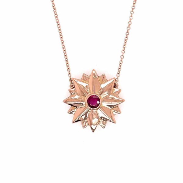 Gold Ruby Sunburst Pendant Necklace