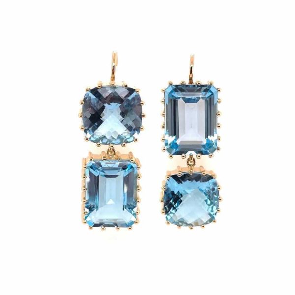Double Blue Topaz Gold Hanging Earrings