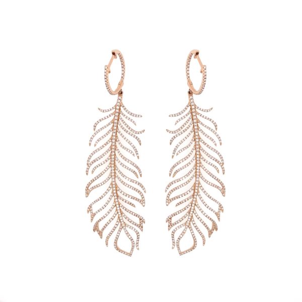 Long Gold Diamond Feather Earrings