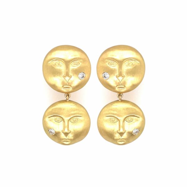 Gold Diamond Moon Face Earrings