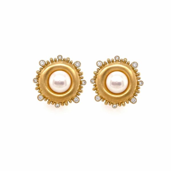 Pearl Diamond Gold Disc Earrings