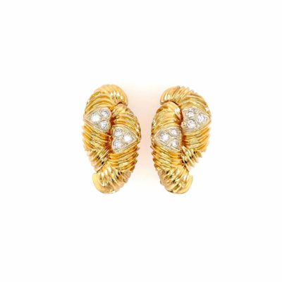 Gold Diamond Fluted Half Hoop Earrings
