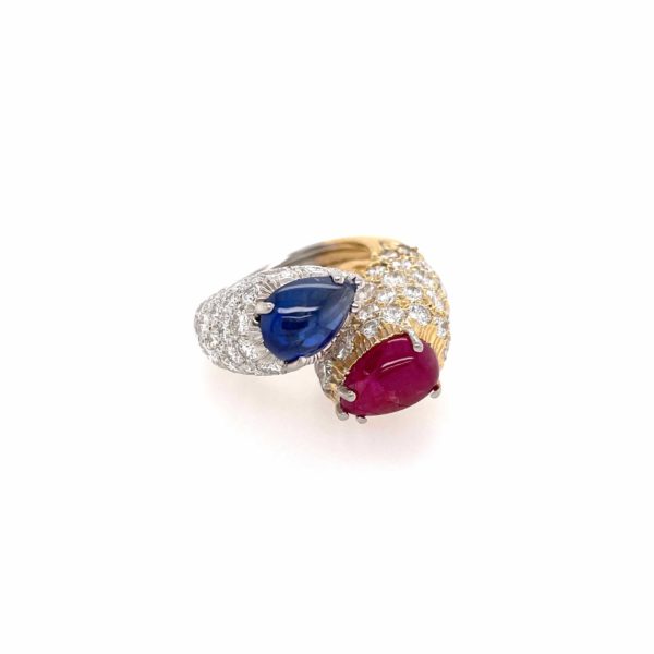 David Webb Ruby Sapphire Diamond Crossover Ring