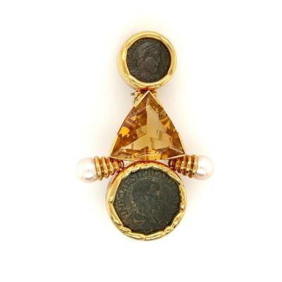 Ancient Coin Citrine Pearl Brooch