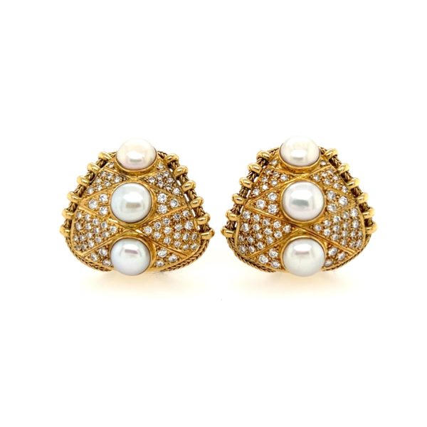 Elizabeth Gage Pearl Diamond Triangular Earrings