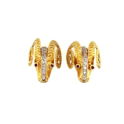 Gold Diamond Ruby Ram Head Earrings