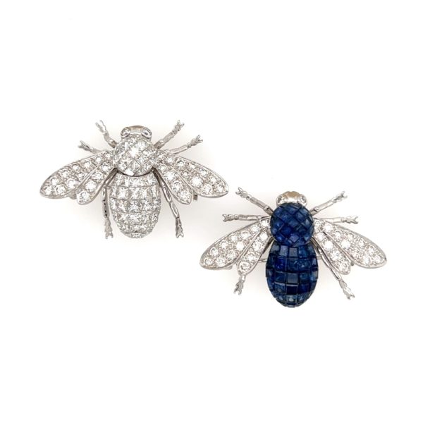 Pair Sapphire Diamond Bee Brooches