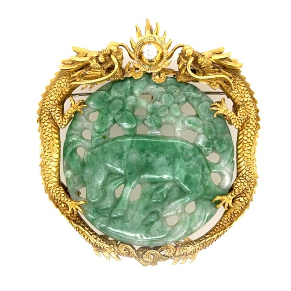 Asian Motif Jade Gold Diamond Pendant Brooch