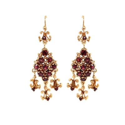Antique Style Garnet Gold Pendant Earrings