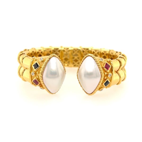 Multi Gem Mabe Pearl Gold Cuff Bracelet