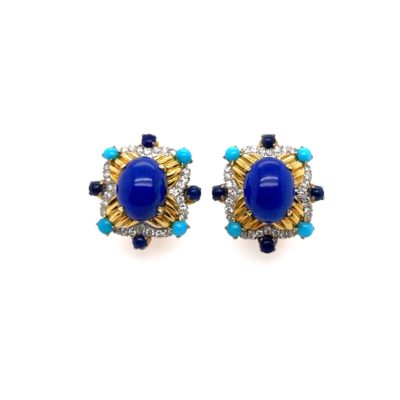 Lapis Turquoise Diamond Gold Earrings