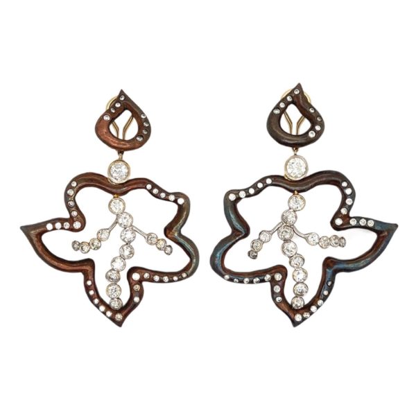 Open Foliate Copper Diamond Gold Earrings