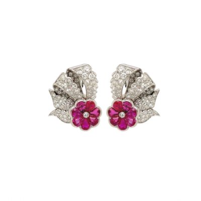 1930s Ruby Flower Diamond Platinum Earrings