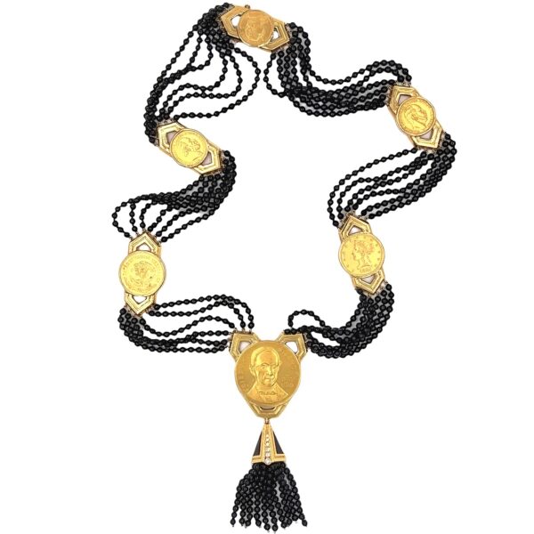 1970s Emis Beros Onyx Gold Coin Tassel Necklace
