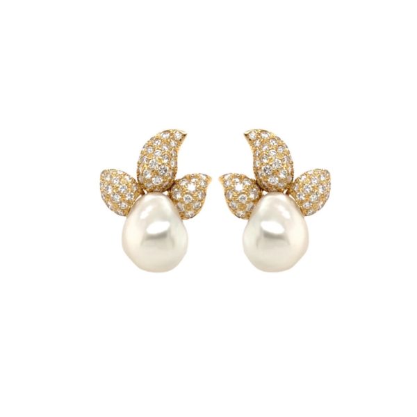 Trio Baroque Pearl Diamond Gold Earrings