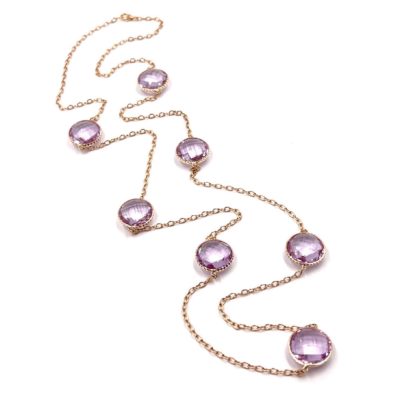 Long Round Amethyst Gold Chain Necklace
