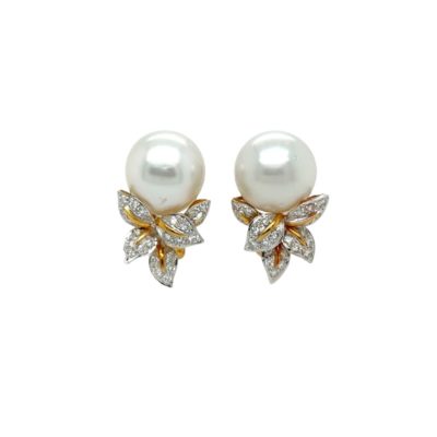 Pearl Diamond White Gold Leaf Earrings