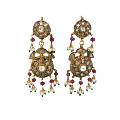 Indian Style Multi Gem Gold Chandelier Earrings