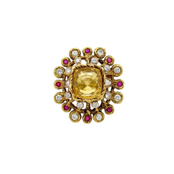 Artistic Yellow Sapphire Ruby Diamond Ring