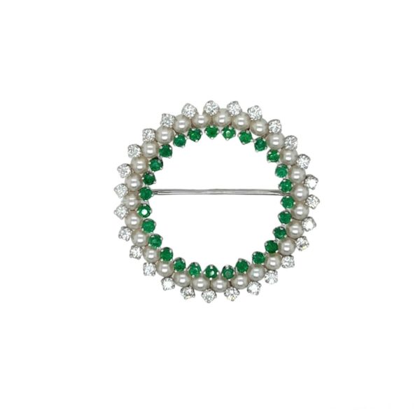 Emerald Pearl Diamond Circle Brooch