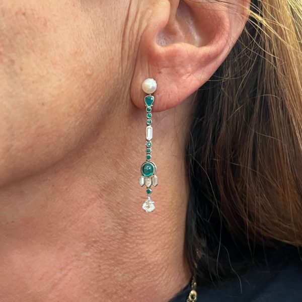 Art Deco Natural Pearl Emerald Diamond Earrings