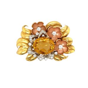 1940s Citrine Diamond Floral Gold Brooch