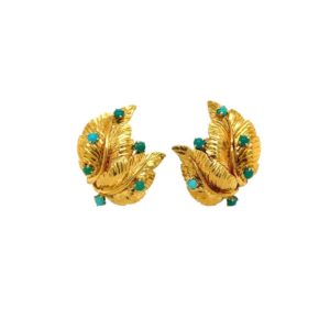 Gold Turquoise Textured Leaf Earrings