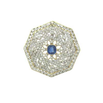 Octagonal Sapphire Diamond Pendant Brooch