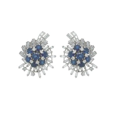 Sapphire Diamond Spray Platinum Earrings
