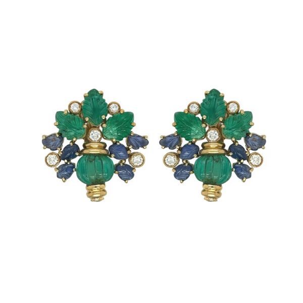 Emerald Sapphire Diamond Floral Cluster Earrings