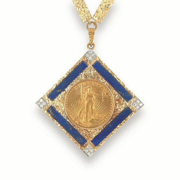 1926 Gold Coin Lapis Diamond Pendant Necklace