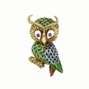 Owl Enamel Pink Sapphire Gold Brooch