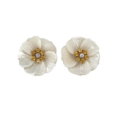 Mother of Pearl Sapphire Diamond Flower Earrings