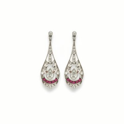 1920s Platinum Ruby Diamond Drop Earrings