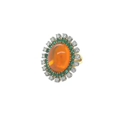 Oval Fire Opal Emerald Diamond Ring