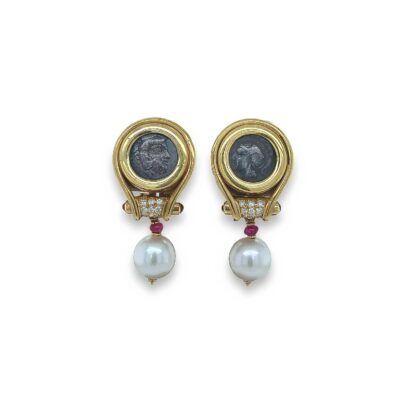 Petochi Ancient Coin Pearl Ruby Diamond Earrings