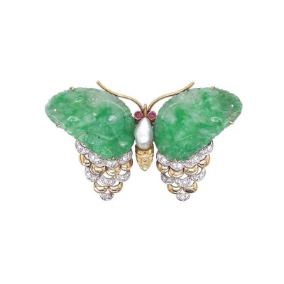 Trio Jade Pearl Ruby Diamond Butterfly Brooch