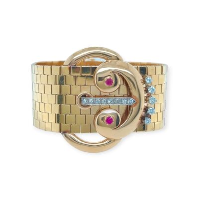 1940s Wide Rose Gold Ruby Diamond Buckle Bracelet