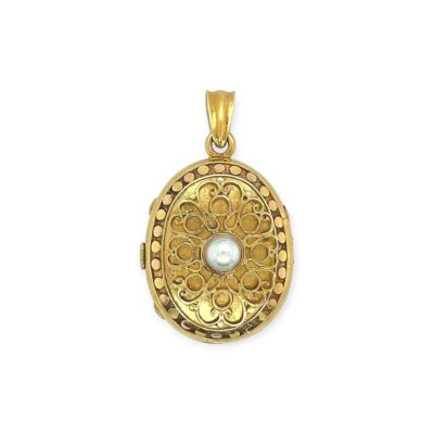 Antique Gold Pearl Puffed Oval Locket