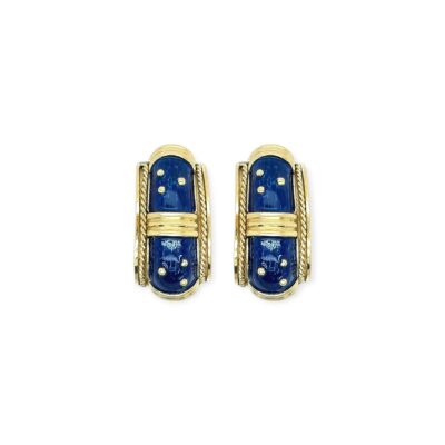 Blue Enamel Gold Half Hoop Earrings