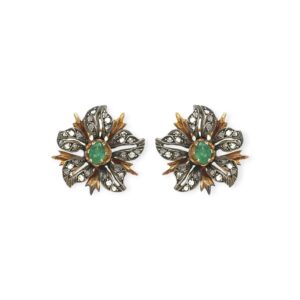 Floral Emerald Diamond Silver Topped Gold Earrings