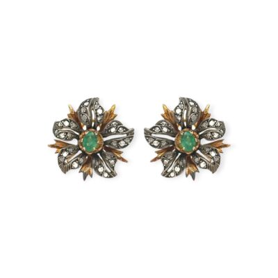 Floral Emerald Diamond Silver Topped Gold Earrings