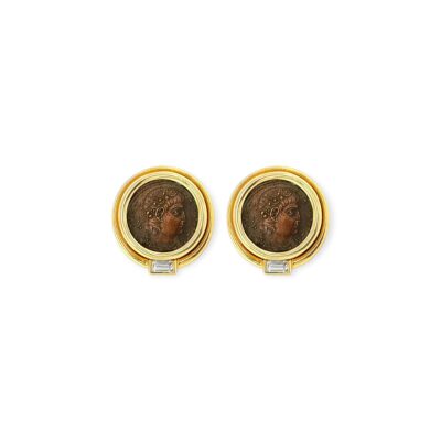 Bulgari Roman Coin Gold Diamond Earrings