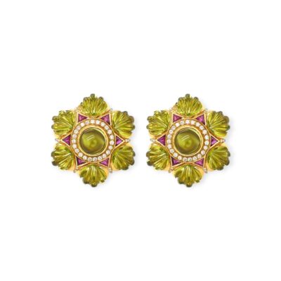 Peridot Tourmaline Diamond Floral Earrings