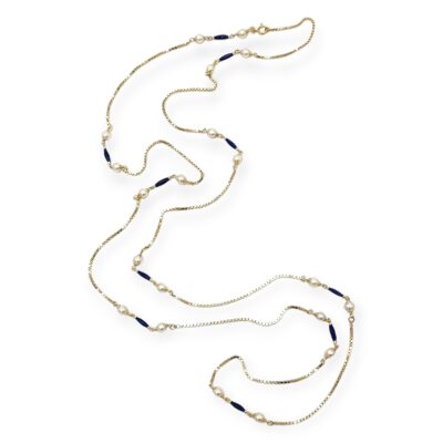 Long Gold Pearl Enamel Chain Necklace